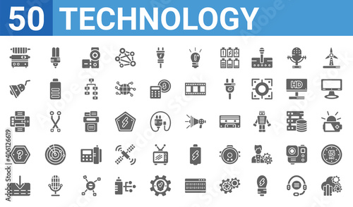 set of 50 technology web icons. filled glyph icons such as cloud analysis,fryer,receive,asking,paper printer,cinema light with cable,ecologic bulb,modern horn. vector illustration