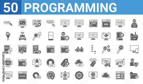 set of 50 programming web icons. filled glyph icons such as css file format,web domain,clean code,microchip,broken link,seo funnel,code terminal,addon. vector illustration