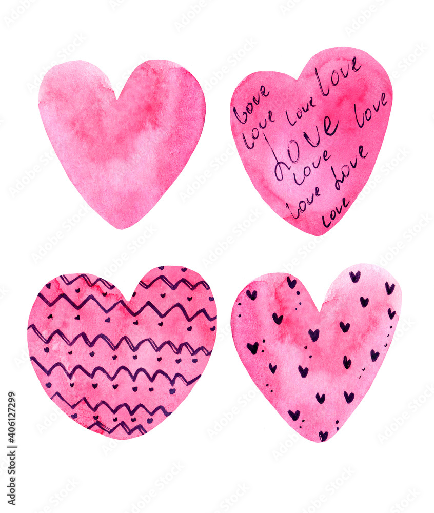 set of watercolor pink hearts 