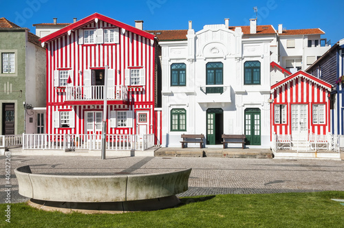 “Palheiros”, Typical colorful houses, Costa Nova, Aveiro, Beira, Portugal
