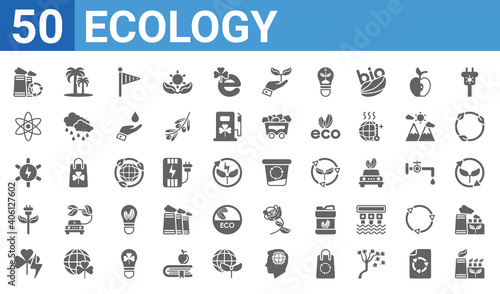 set of 50 ecology web icons. filled glyph icons such as sustainable factory,recycling factory,power,eco plug,solar energy,nuclear energy,coconut tree,recycle bin. vector illustration © Digital Bazaar