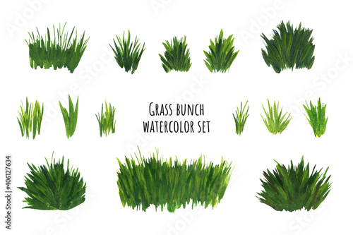 Grass bunch watercolor set. Green sedge stack for scrapbooking design, cartoon scene, sticker.  photo