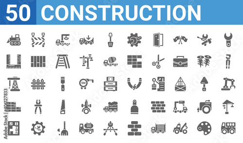 set of 50 construction web icons. filled glyph icons such as tipper,bulldozer,construction plan,constructing a brick wall,derrick facing right,angle ruler,road barrier,inclined magnet. vector