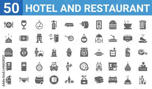 set of 50 hotel and restaurant web icons. filled glyph icons such as servant,vegetarian,fire extinguisher,cookbook,hamburger,reception bell,wine glass,take away. vector illustration