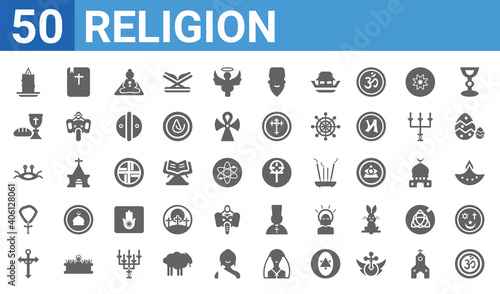 set of 50 religion web icons. filled glyph icons such as om,candle,christianity,rosary,pastafarianism,communion,gospel,gnosticism. vector illustration