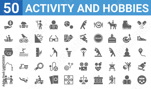 set of 50 activity and hobbies web icons. filled glyph icons such as pachinko,collecting,meeting with a friend,jump rope,aquarium,boat race,brewing,gliding parachutist. vector illustration