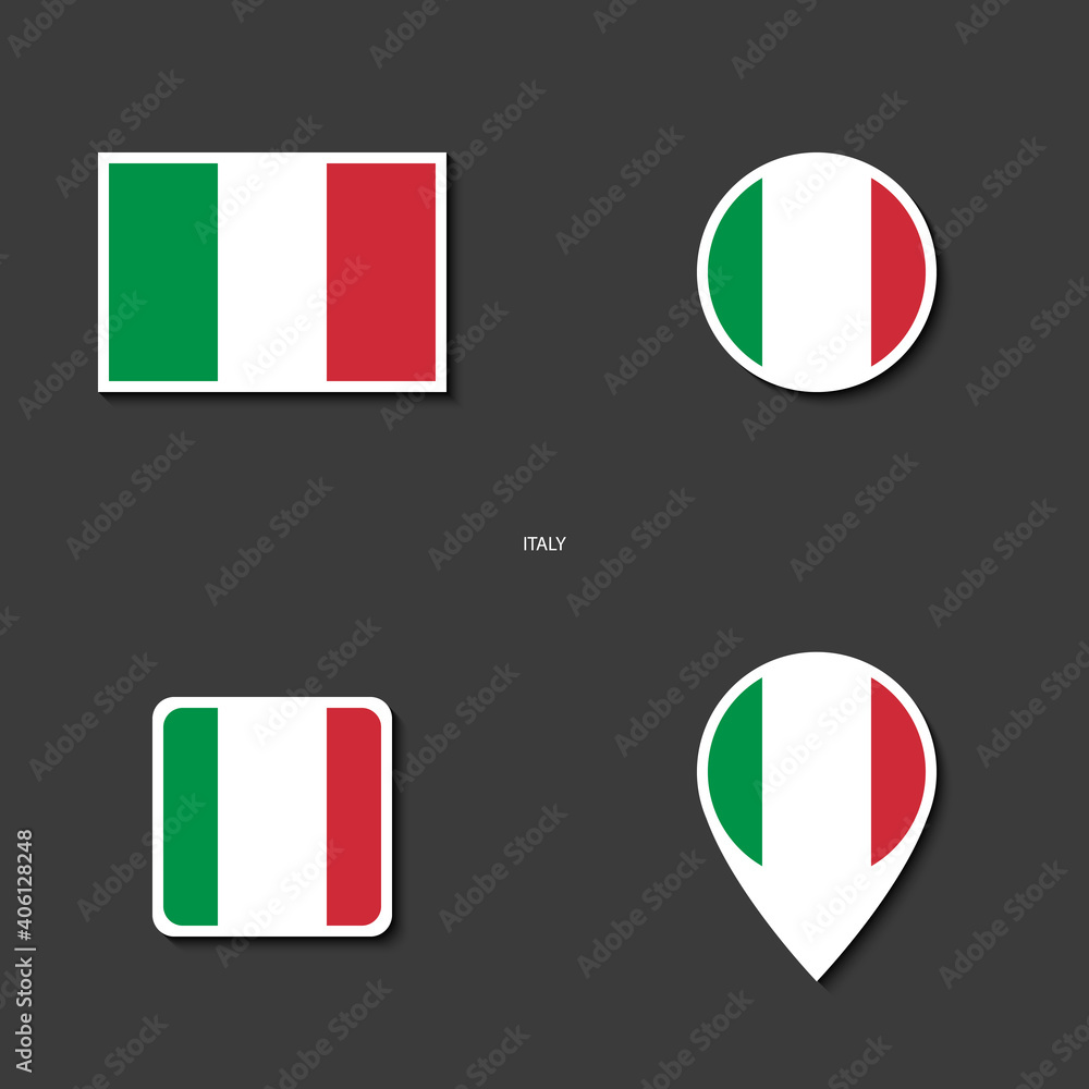Italy flag icon set in different shape (rectangle, circle, square and marker icon) on dark grey background. Italian flag icon collection on barely dark background. Italy flag icon set in different shape (rectangle, circle, square and marker icon) on dark grey background. Italian flag icon collection on barely dark background.