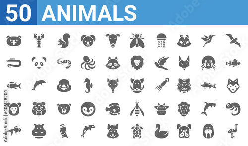 set of 50 animals web icons. filled glyph icons such as ostrich,beaver,gold fish,baboon,tuna,moray,lobster,boar. vector illustration