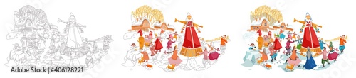 Russian holiday Maslenitsa. Round dance. Burning straw effigies is a traditional custom. Drawing from a graphic image to a color one. © NADEZHDA
