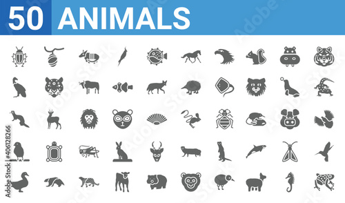 set of 50 animals web icons. filled glyph icons such as tropical frop,cockroach,goose,canary,polecat,vulture,cocoon,jerboa. vector illustration