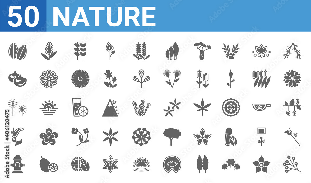 set of 50 nature web icons. filled glyph icons such as mountains,almond,fire hydrant,calla,dandelion,chestnut,hyacinth,neroli. vector illustration
