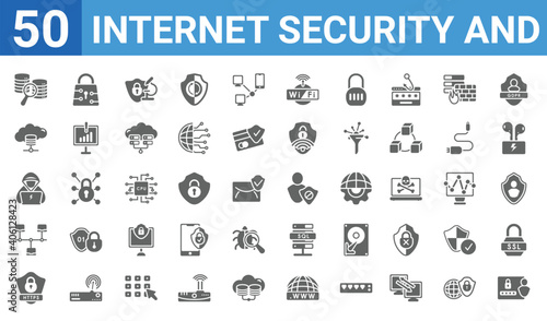 set of 50 internet security and web icons. filled glyph icons such as password,data search,https,local network,hacker,cloud storage,traffic encryption,access denied. vector illustration