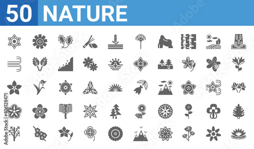set of 50 nature web icons. filled glyph icons such as lotus daffodil tree petunia hypericum windstorm dianthus ylang-ylang. vector illustration