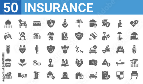 set of 50 insurance web icons. filled glyph icons such as slippery road,flood risk,sinking,bank safe,coffin,stone on the road,frontal crash,bite. vector illustration