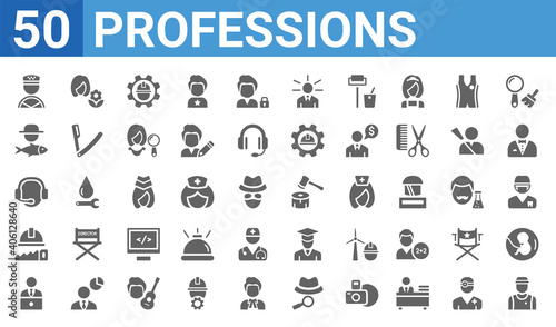 set of 50 professions web icons. filled glyph icons such as athlete,taxi driver,it manager,carpenter,telemarketer,fisherman,florist,lumberjack. vector illustration