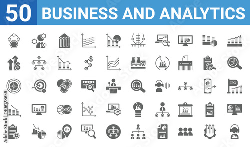 set of 50 business and analytics web icons. filled glyph icons such as service,polygonal chart,agenda,bar chart,radar chart,mortgage statistics,management,data. vector illustration