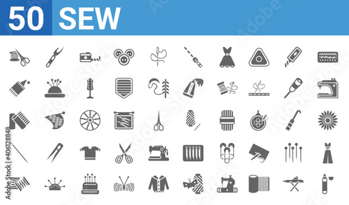 set of 50 sew web icons. filled glyph icons such as sewing marker,sewing equipment,coil,sewing needles,fabrics,glue,seam,thread spool. vector illustration