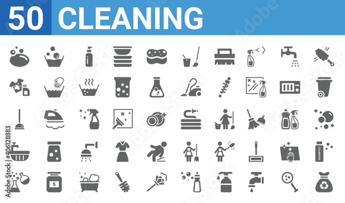 set of 50 cleaning web icons. filled glyph icons such as garbage,soap,chemical reaction,water soak,plunger,stain remover,washing,garden hose. vector illustration