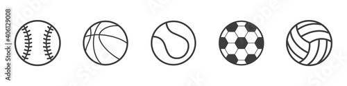 Sports balls Flat line. Baseball, Basketball, Tennis Ball, Soccer Ball, Volleyball. Set of vector icons isolated on a white background