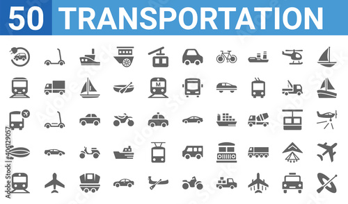 set of 50 transportation web icons. filled glyph icons such as kayak,electro car,subway,zeppelin,airport shuttle,underground,kick scooter,sedan. vector illustration