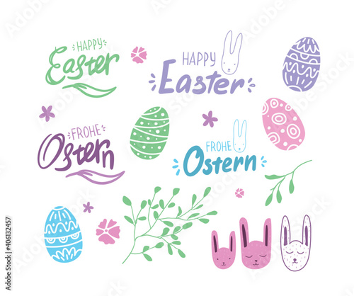 easter Set with eggs, lettering, german fonts and bunny. Spring elements