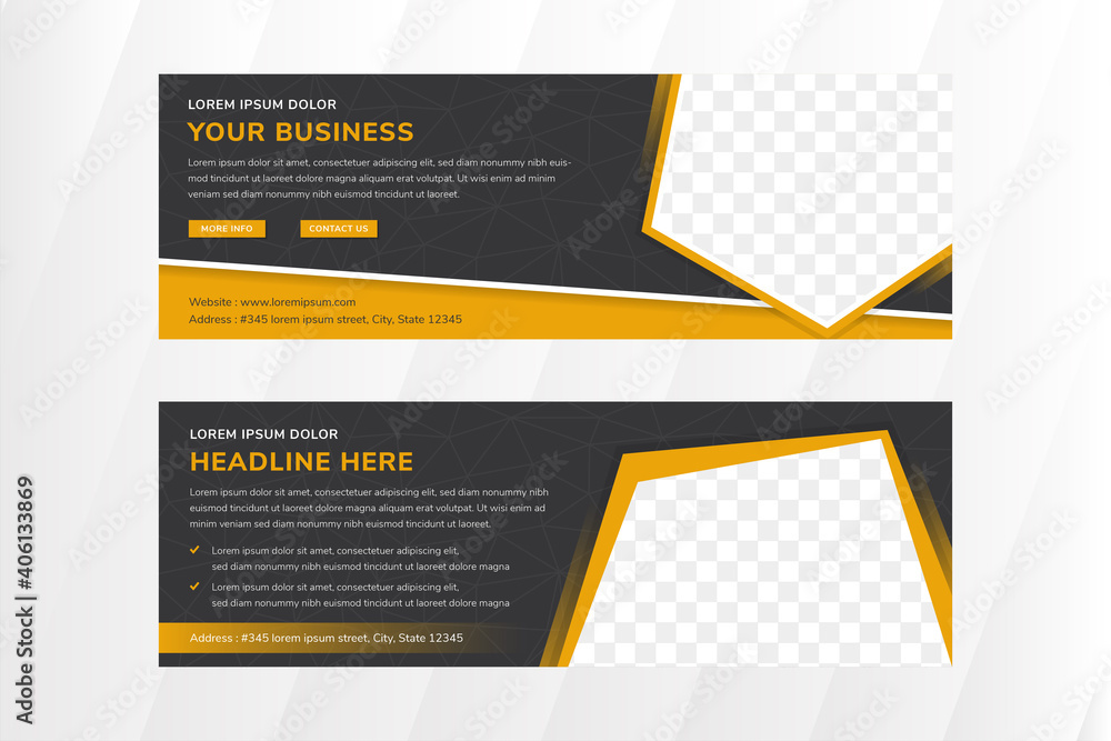 Set of Abstract banner template design for your business use horizontal layout. combination orange and grey colors. transparency of triangle polygonal pattern. black background with space for photo Set of Abstract banner template design for your business use horizontal layout. combination orange and grey colors. transparency of triangle polygonal pattern. black background with space for photo