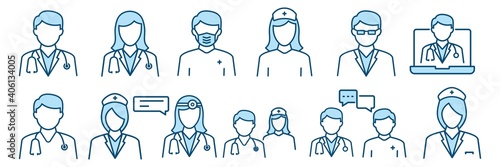 Doctor and Nurse icon set in line style.  medical personnel on white background, vector illustration 