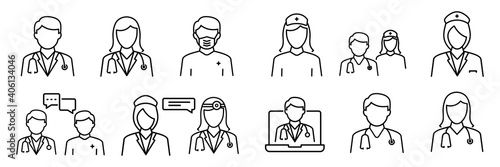 Doctor and Nurse icon set in line style.  medical personnel on white background, vector illustration 