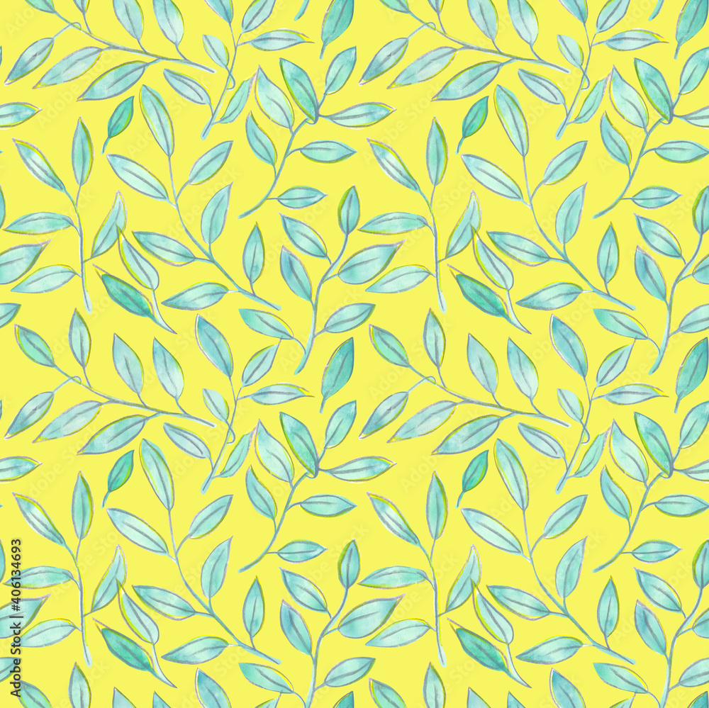 Watercolor and pastel branches with leaves seamless pattern on a yellow background. Hand-drawn greenery endless print. Cute natural wallpaper backdrop. Watercolor and pastel branches with leaves seamless pattern on a yellow background. Hand-drawn greenery endless print. Cute natural wallpaper backdrop.