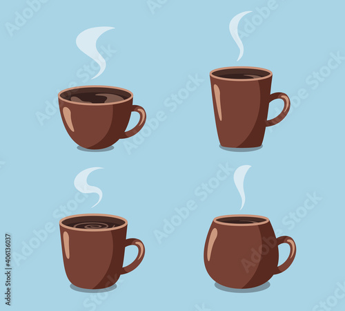 Vector illustration of cups with steam. Collection of various brown cups on blue background
