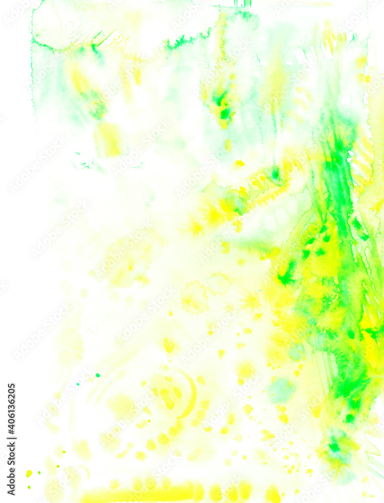 Hand drawn watercolor abstract background in bright yellow and  green color