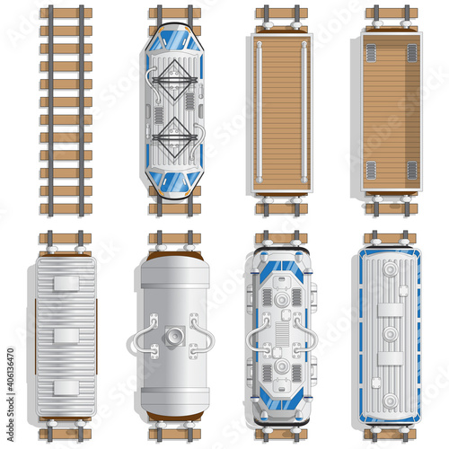 A set of railway locomotive and wagons. View from above. Isolated on white background. Vector illustration.