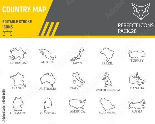 Map of country line icon set, country collection, vector sketches, logo illustrations, map countries icons, travel signs linear pictograms, editable stroke.