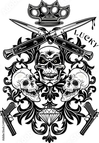 Vintage label. Tattoo Skull dagger knife