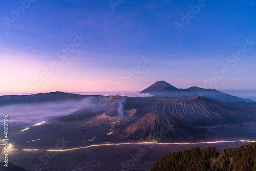 Mount Bromo volcano before sunrise, in East Java, Indonesia