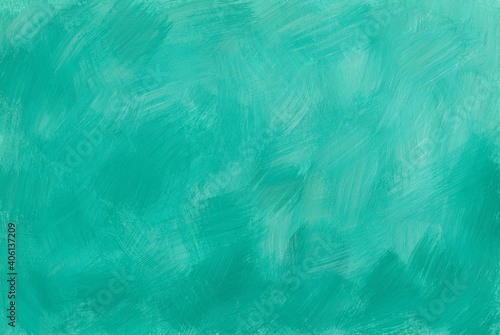 Background with painting shades of turquoise color, soft, pastel tones. Texture of rough brush strokes with gouache and acrylic