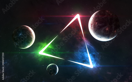 Deep space planets in blue-red-green triangular frame background. Science fiction. Elements of this image furnished by NASA