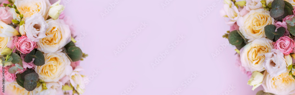 purple, soft pink spring background with flowers. Banner postcard