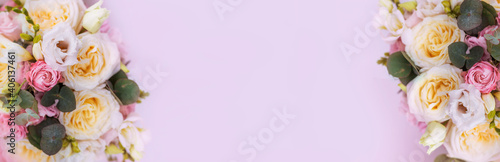 purple  soft pink spring background with flowers. Banner postcard