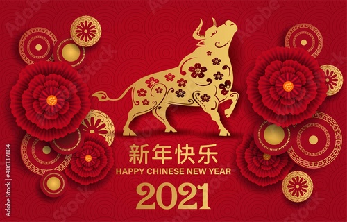 2021 Happy Chinese new year with Ox Zodiac sign and white color background for banner, greeting card, flyers, poster. vector illustration design (Chinese Translation : happy Chinese new year)