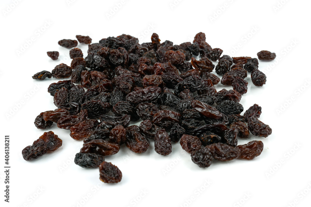 Black sweet Raisins or dried sweet grapes (kali kishmish or Zante currant) isolated on white background Black sweet Raisins or dried sweet grapes (kali kishmish or Zante currant) isolated on white background