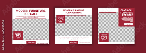 Social media post template for furniture sale. Advertising furniture sales. Offer social media banners for furniture ads. Social media post design template for promotion.