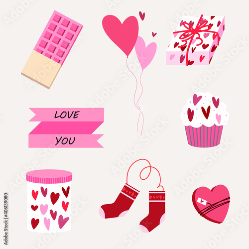 Vector set of holiday objects for romantic background. Valentine s Day. Chocolate bar  water balls  wrapping paper box  ribbon  cupcake  jar  body socks  box of chocolates.