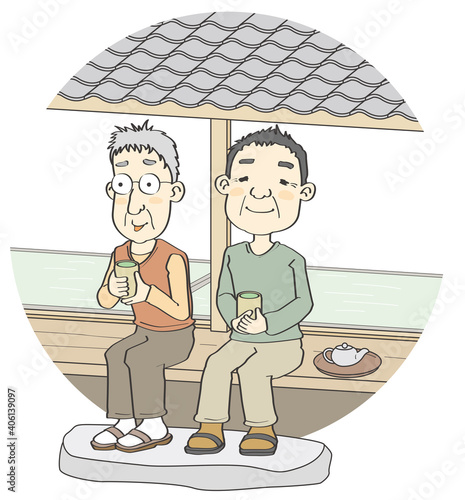 Two old people drinking tea at the verandah