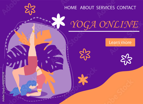 Website banner design for Yoga studio promotion with Learn more button. Yogi woman meditating