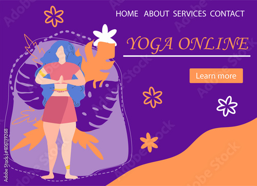 Website banner design for Yoga studio promotion with Learn more button. Yogi woman meditating