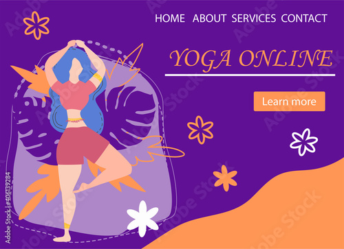 Website banner design for Yoga studio promotion with Learn more button. Yogi woman meditating