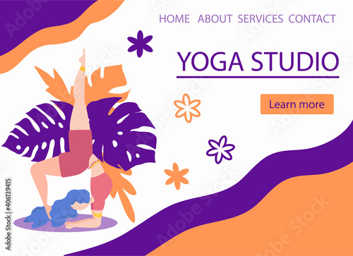 Website banner design for Yoga studio promotion with Learn more button. Yogi woman meditating