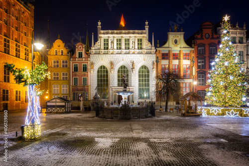 The Artus Court and fountain of the Neptune with christmas tree, Gdansk. Poland