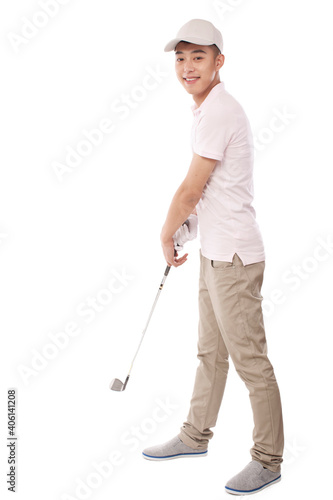 Portrait of young Male golfer swing golf club,portrait